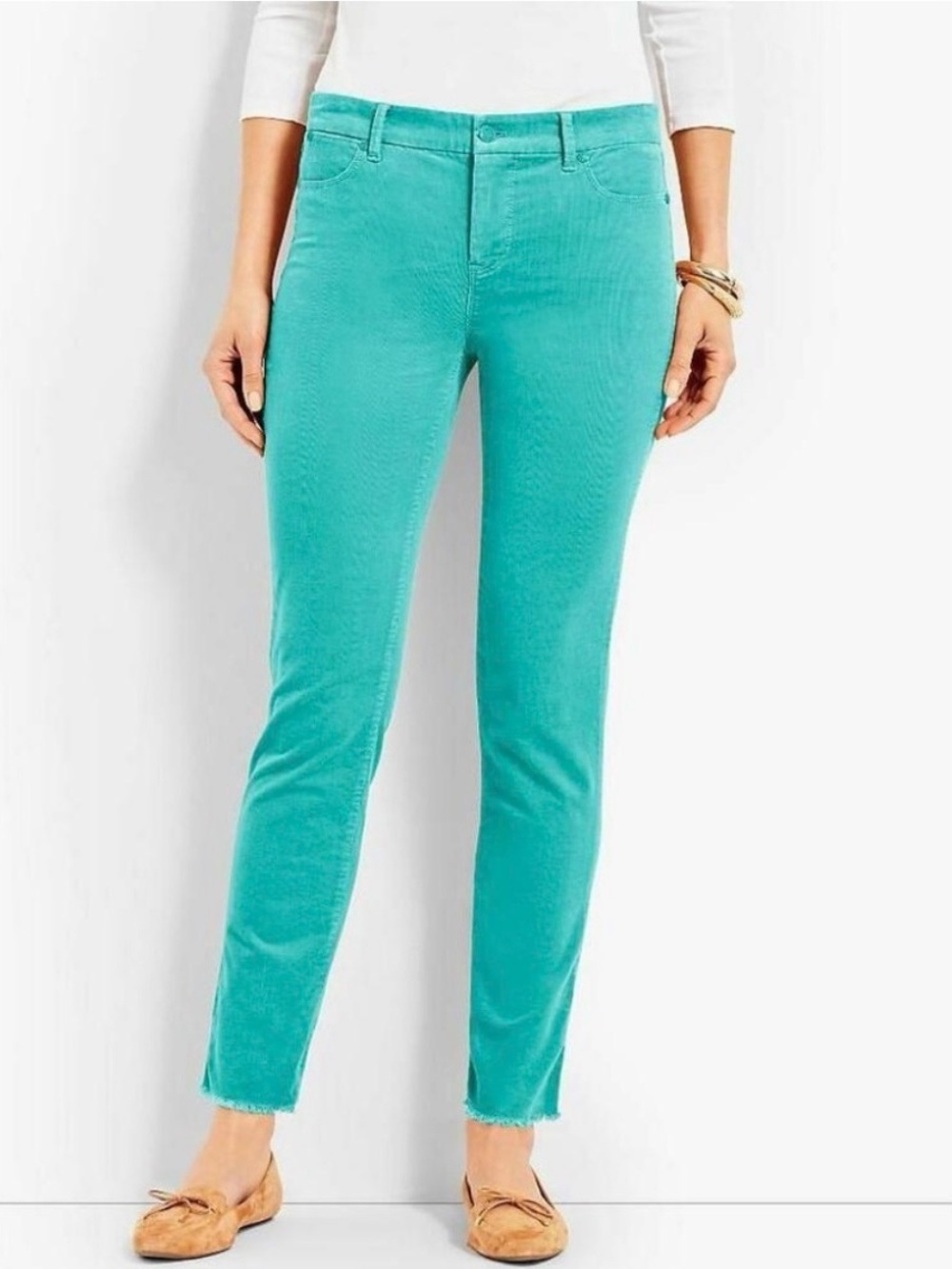 Talbots Aqua Blue Flawless 5 Pocket Slim Ankle Frayed Hem Curvy Corduroy Pants